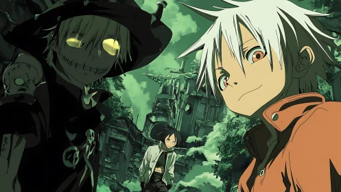 Three bold anime misfits share a tense moment in eerie ruins