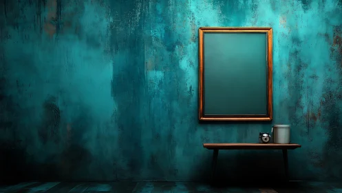 Teal textured wall frames quiet vintage still life scene.