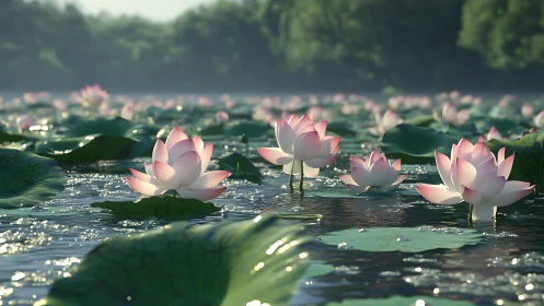 Lotus blossoms glow across a tranquil sunlit lake at dawn.
