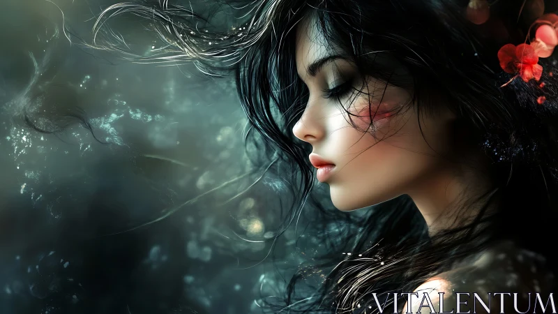 Ethereal profile of a dreamlike woman draped in flowing light