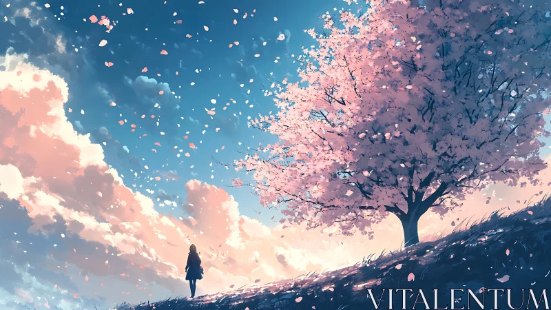Solitary figure watches cherry blossoms drift into a glowing sky