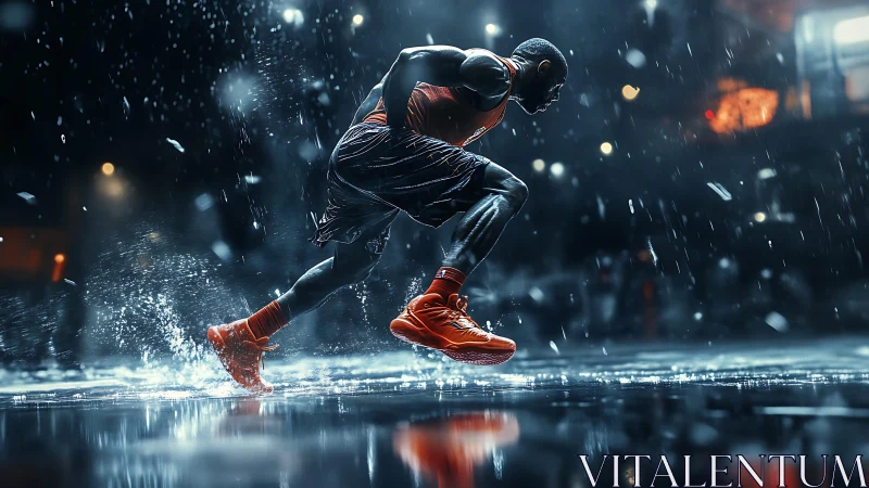 Explosive sprinter charges through rain on neon-lit street.