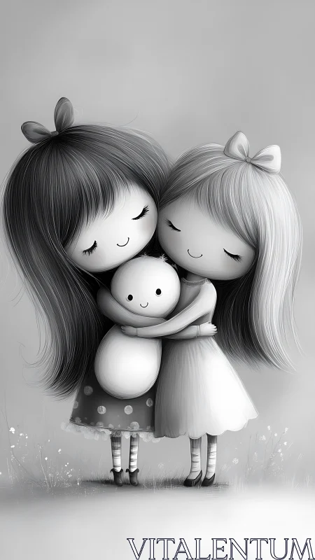 Two girls embracing round-faced child with delicate monochromatic rendering technique.