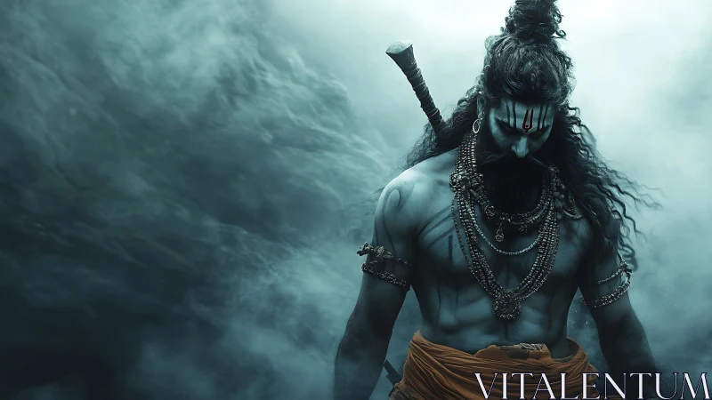 Mythic warrior yogi amid stormy teal cinematic mistscape.