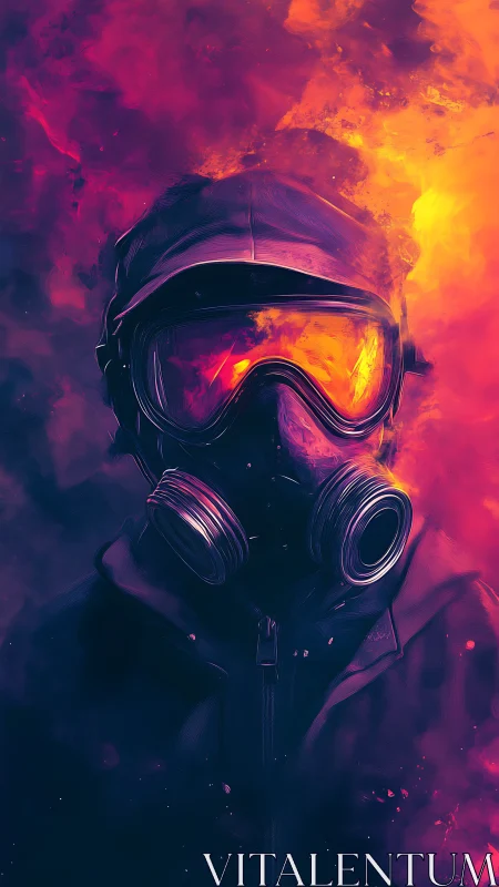 Lone wanderer in neon smoke and glowing firelight.