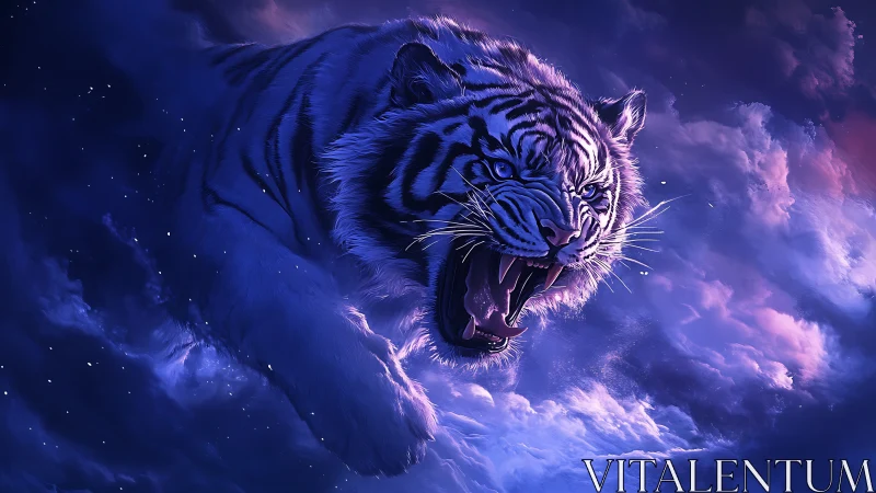 Starlit storm tiger lunges through electric violet clouds.