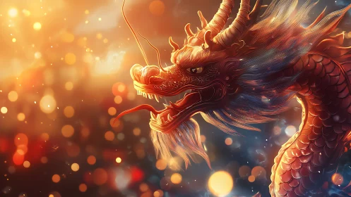 Majestic fiery dragon glows against vibrant festival lights