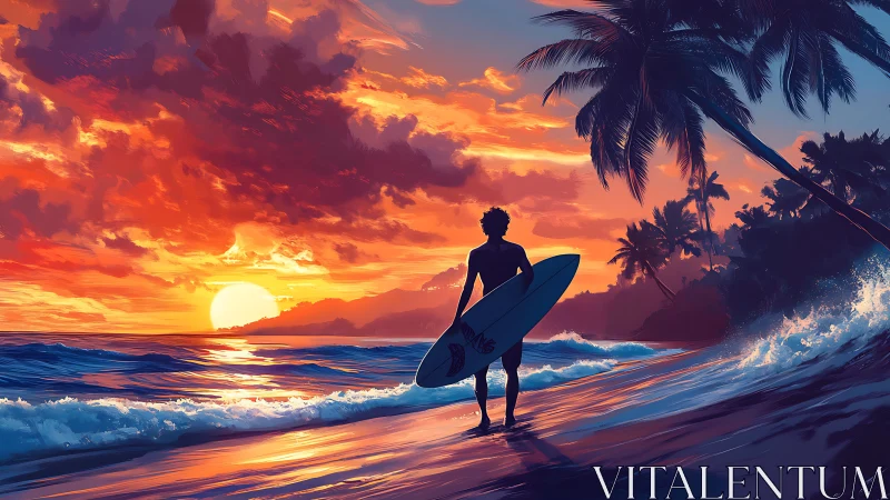 Surfer silhouette on luminant tropical shoreline at sunset.