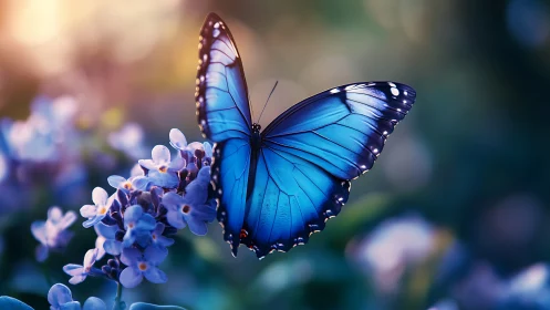 Luminous blue butterfly poised on lilac blossoms at dusk.