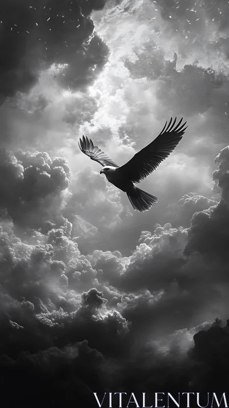 Monochrome raptor gliding through volumetric storm cloud aperture.