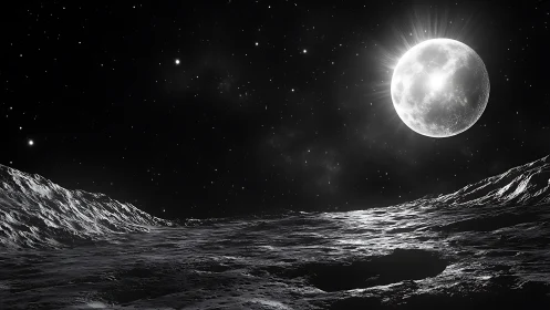 Silver moonlight pours across a lonely cratered frontier