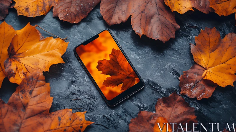 Smartphone with autumn leaf reflection on slate background
