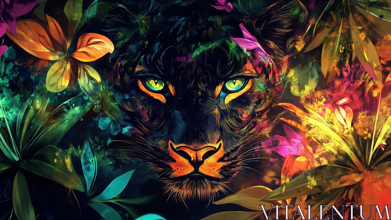 Neon Lion Portrait Surrounded Luminous Tropical Flora