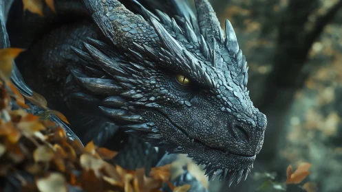 Photorealistic dragon closeup with autumn forest foliage.