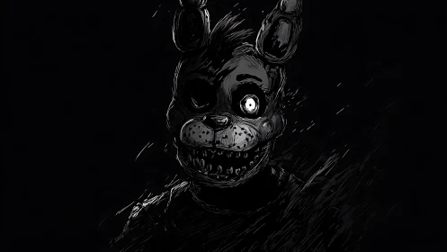 Dark horror rabbit animatronic portrait in black void.