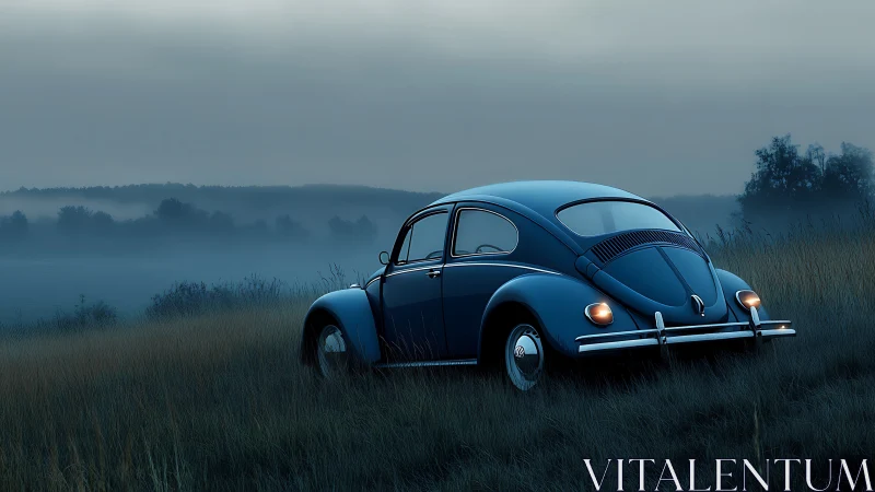 Vintage blue car rests in misty dawn countryside silence