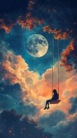 Silhouetted dreamer on celestial swing under luminous full moon