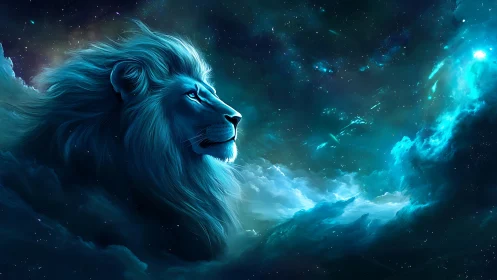 Stellar leonine silhouette emerging from cyan nebular turbulence.