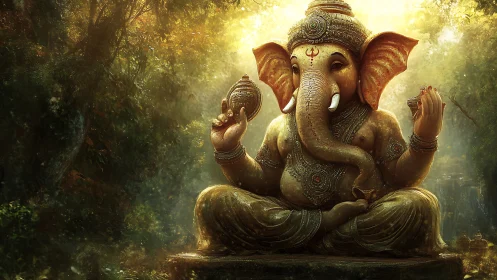 Divine elephant deity statue glows in atmospheric forest light