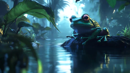 Frog sits on wet rock beside reflective jungle water surface