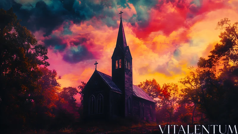 Old wooden church rises beneath a blazing neon sunset sky