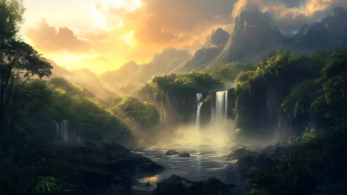 Sunlit emerald waterfalls in a mist-draped hidden valley.