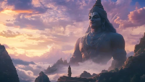 Colossal mountain deity listens quietly to a lone pilgrim