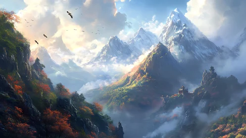 Sunlit mountain temples in a misty, dreamlike valley.