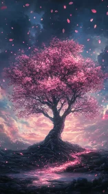 Enchanted cherry blossom tree glows against a stormy dusk sky