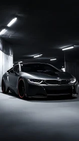 Sleek matte black sports car in dim underground garage.