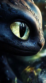 Dragon’s dew-lit gaze in emerald twilight focus study.