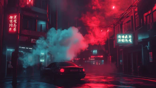 Car occupies wet neon street amid dense colored vapor at night