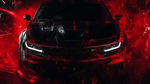 Aggressive black muscle car emerges from blazing red light