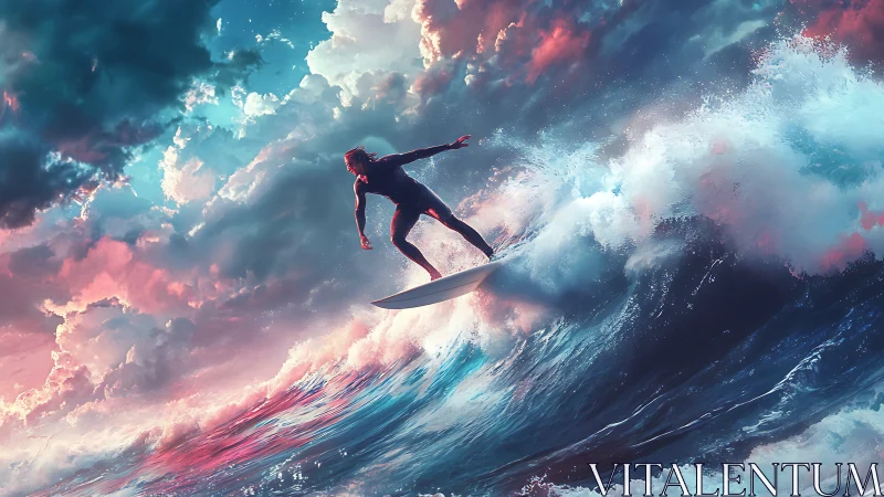 Surfer rides luminous fantasy wave beneath neon storm clouds.