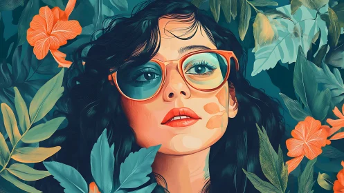 Stylized portrait of woman in tropical foliage with bold vector gradients