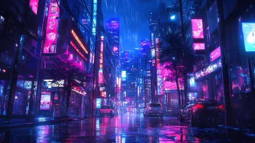 Neon city street glows softly under a calm midnight rain