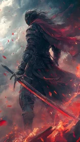 Armored warrior stands in flames holding a glowing red sword