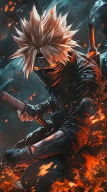 Armored ninja warrior framed by dynamic ember-lit backlighting