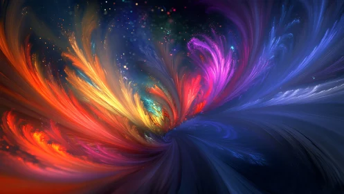 Multicolored abstract energy plumes on dark swirling field.