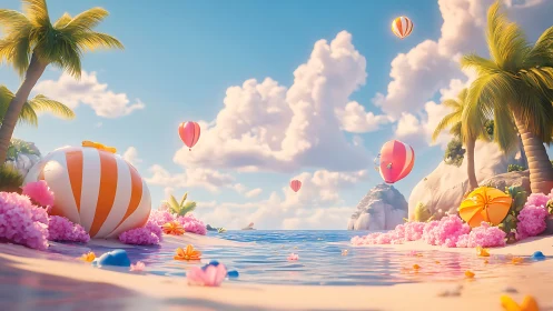 Whimsical tropical beach scene with hot air balloons and luminous flora