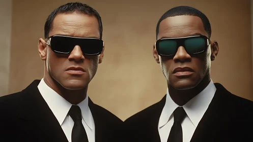 Two suited agents stand in sleek futuristic sunglasses
