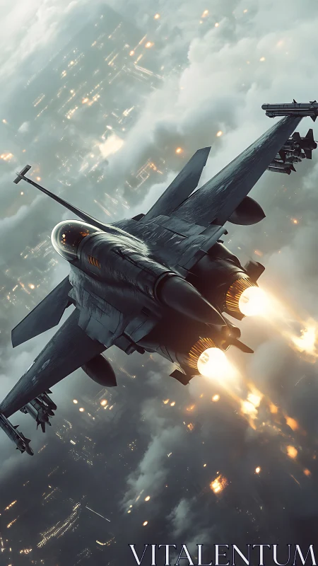 Jet roaring through stormlit clouds above a glowing city.