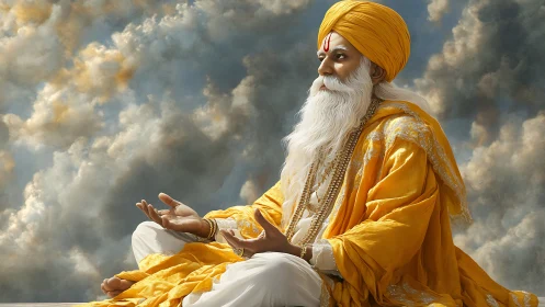 Cloudborne sage in golden meditation robes of quiet fire.