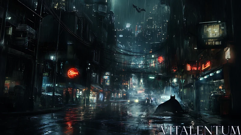 Brooding vigilante in neon-soaked midnight rainstorm street.
