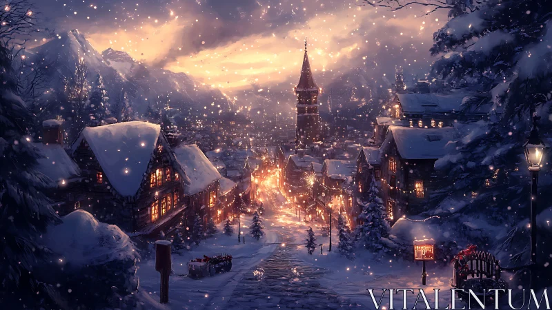 Snow-covered village street recedes toward distant tower