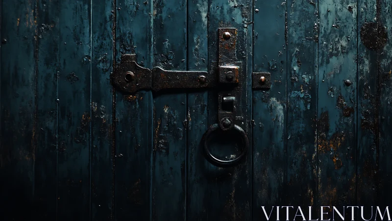 Weatherworn iron lock guarding a midnight teal timber door.