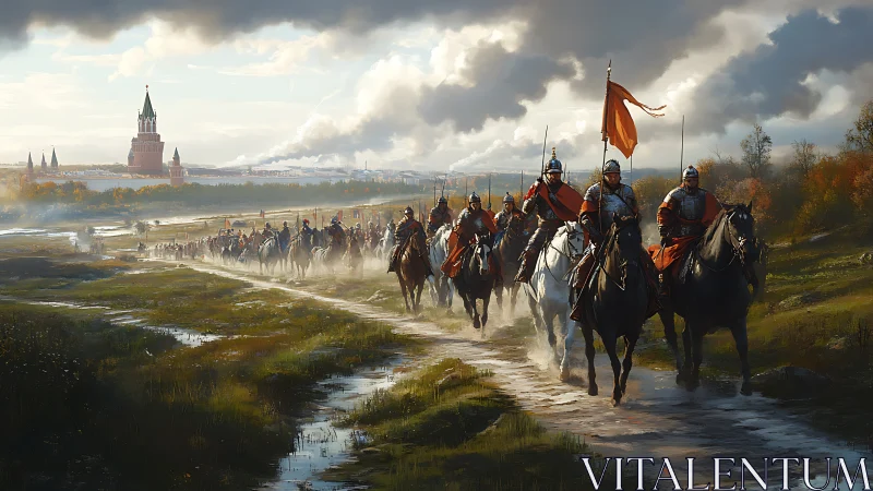 Medieval cavalry column advances toward distant walled city.