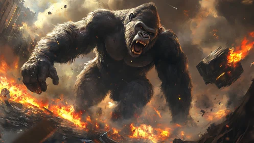 Giant gorilla storms burning city street amid flying debris