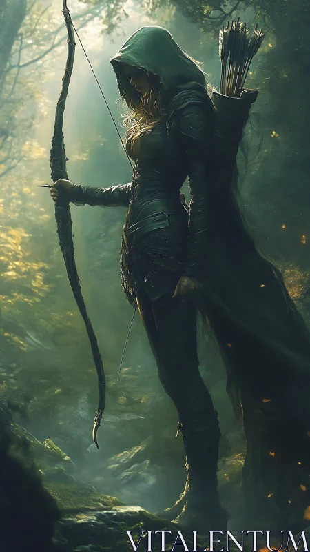 Shadowed forest huntress poised in shafts of emerald light.