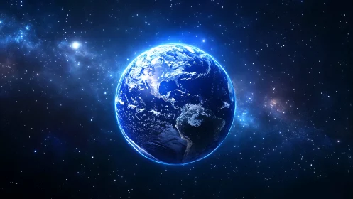 Our glowing blue Earth rests quietly in a star filled cosmos